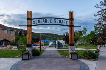 Sundance Square in the city center in twilight. Sundance, Wyoming