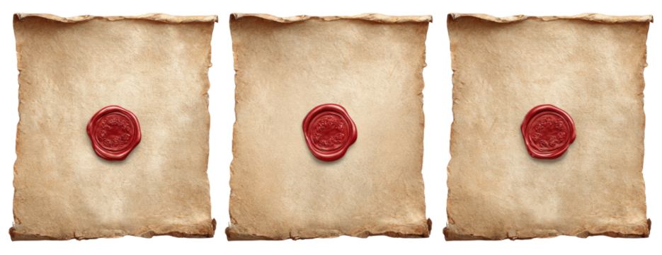 Three antique parchments, each bearing a red wax seal