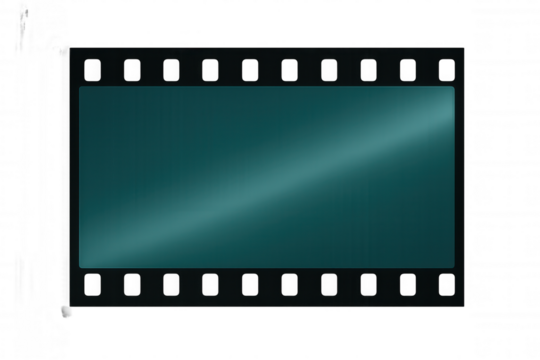 Teal film strip lying flat against transparent backdrop, offering clean graphic element for design and media composition