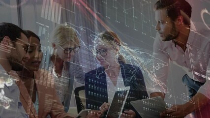 Team leaning toward laptop, tapping tablets and comparing digital map overlay for business review - Powered by Adobe