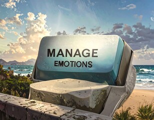 Retro button displaying "Manage Emotions" against a beach backdrop
