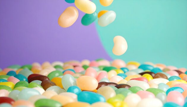 Colorful Jelly Beans Falling onto a Pile on a Pastel Background