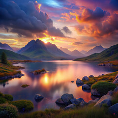 Majestic mountain landscape at sunset with vibrant colorful clouds reflecting in a serene lake