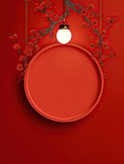 A vibrant red backdrop showcases a round, decorative plate, accented by cherry blossoms and a glowing light fixture.