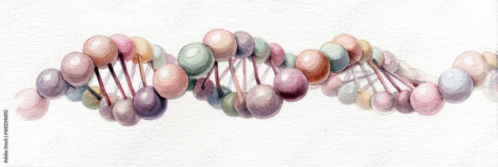 Poster colorful representation of dna structure showing double helix formation with spheres in various past