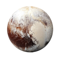 Naklejka premium A round, detailed image of a pale, icy planet. Pale tan and light brown hues dominate the surface, with darker brown/reddish streaks and patches. A subtly textured appearance suggests varied terrain