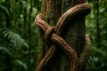 Ayahuasca yage vine growing in the Amazon jungle around a tree.