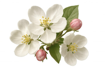 Delicate white blossoms and pink buds adorning flowering apple tree branch, isolated against transparent background