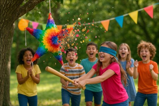 A girl is breaking pinata open during her birthday party, revealing a burst of sweets and candies, while other kids in the background cheer with happiness and joy.