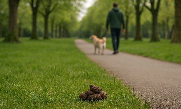 A dog's poop is left on the grass in a park while a man is walking away carelessly with a dog on a leash. - Powered by Adobe
