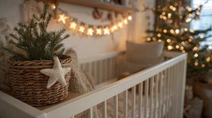 Boho nursery decorated for christmas with white crib tiny pine tree in wicker basket and beige star garland on wall