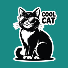 Elegant tuxedo cat in sunglasses exudes coolness. Suitable for cat lovers, pet products, and trendy design elements in marketing.