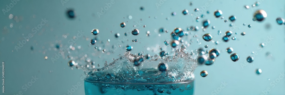 Poster splash of blue water with bubbles in a glass creating dynamic movement in a serene setting