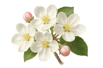 Obraz premium Close-up of apple blossoms showing delicate white petals, yellow stamens, and emerging pink buds, isolated on a transparent background
