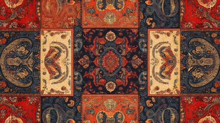 Intricate Patchwork Textile Design: Rich Hues and Ornate Motifs