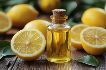 A glass bottle with a cork filled with golden lemon essential oil. The bottle stands on a wooden surface among fresh lemons, some of which are cut in half,  