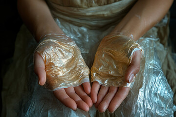 A close-up of hands wrapped in thin translucent films, creating an effect of fragility and vulnerability. 