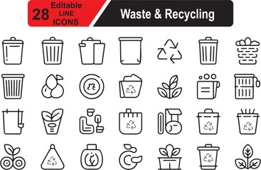 Waste and recycling icon set. Eco and environment icon. Containing trash, bins, recycling symbols, waste disposal and more. Vector illustration.