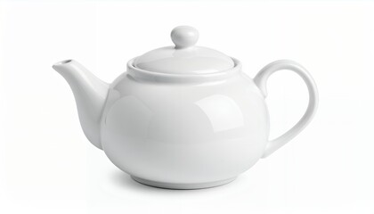 A pristine white ceramic teapot with a lid, spout, and handle, isolated on a white background.