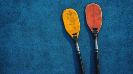 Two weathered paddles rest on a vibrant blue surface, a tranquil scene hinting at adventures past and future