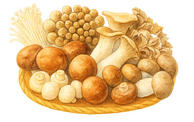 水彩画のきのこセット 丸いカゴに入った秋の味覚 食材イラスト
