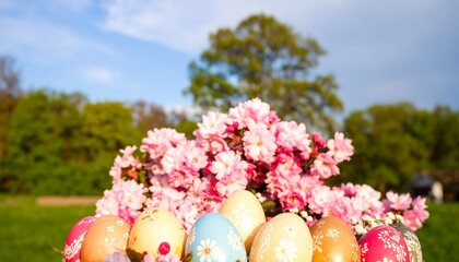 Easter eggs and pink blossoms in a garden