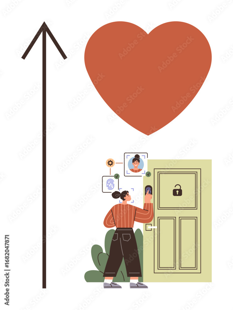 Poster person using facial recognition to unlock a secure smart door, connected interface icons. ideal for 