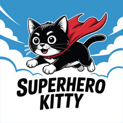 Black and white superhero kitty ready for action. Ideal for childrens posters, comic book illustrations, and catthemed merchandise.