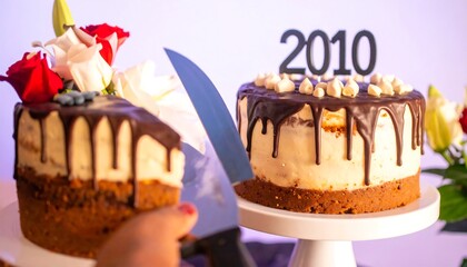 Two decorated cakes being sliced
