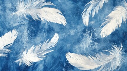 Abstract Watercolor Art Featuring Floating White Feathers Against a Blue Backdrop