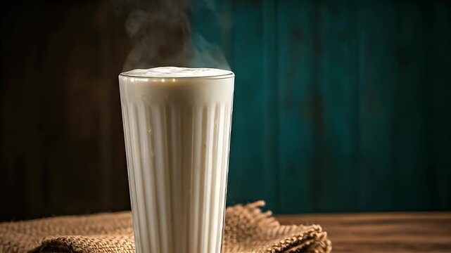 pouring traditional indian lassi drink glass rustic background