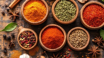 Aromatic Spice Collection: Diverse Culinary Herbs and Ground Spices in Wooden Bowls