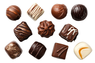 Obraz premium Assorted gourmet chocolates arranged in a visually appealing pattern against a black background. Various shapes and coatings, including round and square.