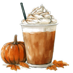 Pumpkin Spice Latte, watercolor drawing vector, isolated on a white background.