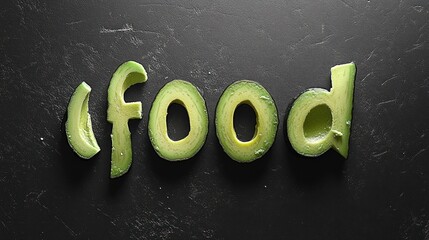 Avocado Letters Spelling Food on Dark Background, Creative Food Photography