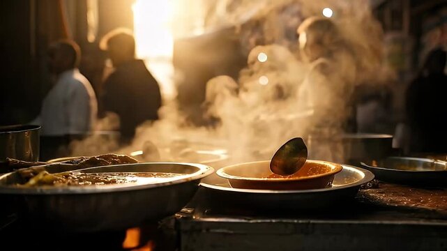 steaming indian street food stall market scene