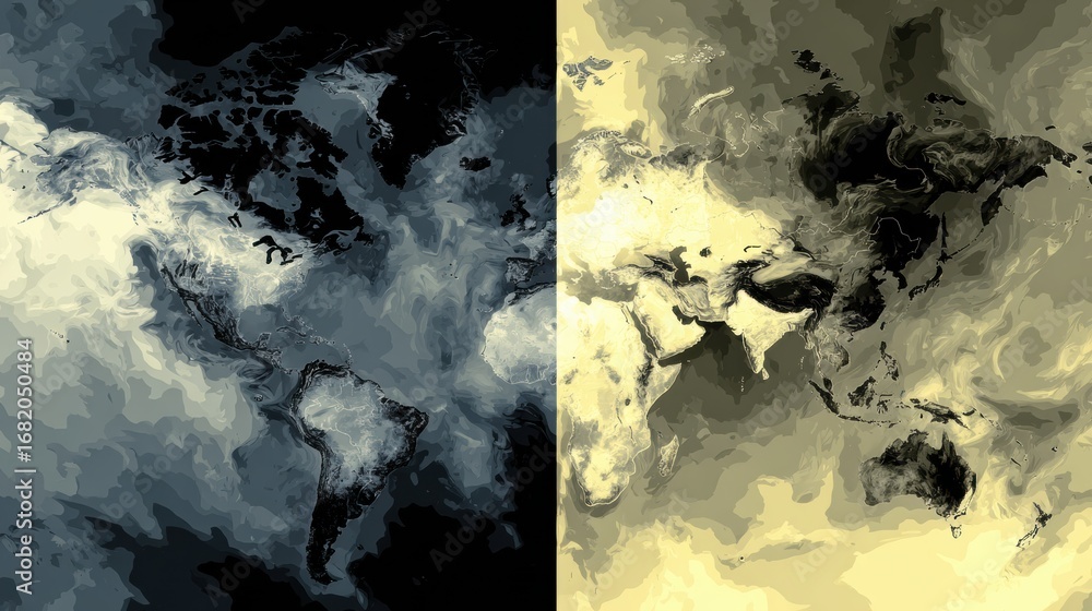 Poster artistic representation of the world map showcasing contrasting color themes and textures, highlight