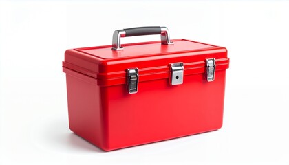 A bright red toolbox with a silver handle and latches, isolated on a white background.