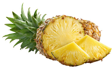 Fresh pineapple, sliced, bright yellow flesh, vibrant green leaves