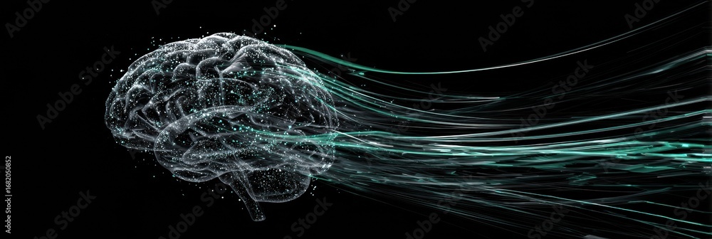 Aufkleber representation of a brain with abstract light trails illustrating cognitive processes and informatio