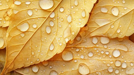Close-up of golden autumn leaves glistening with water droplets after a rainfall