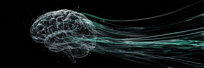 Representation of a Brain With Abstract Light Trails Illustrating Cognitive Processes and Information Flow in a Dark Background