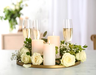 Elegant centerpiece with candles and champagne flutes