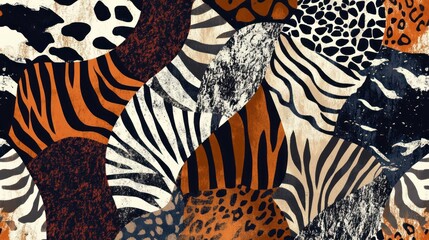 An artistic composition of abstract shapes mimicking animal patterns and textures
