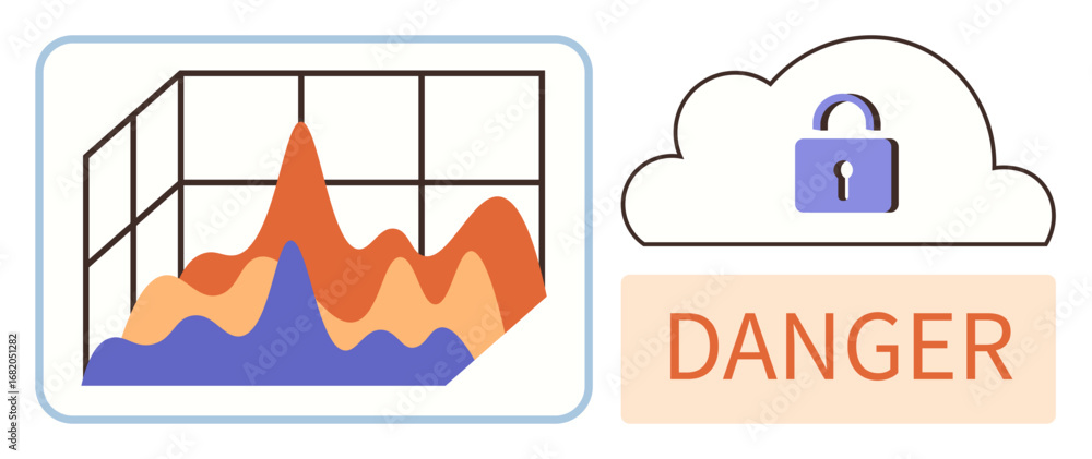 Poster analytics graph with fluctuating data lines next to cloud symbol featuring lock and danger label. id
