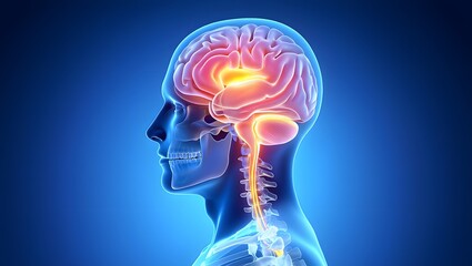 Woman with optic nerve and link to stimulated brain region - X ray style 3D illustration with blue background