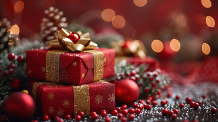 Merry Christmas, Happy New Year, craft red gift box, green background. Flat lay, copy space, banner