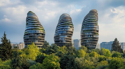 Trio of Curvilinear Towers Amidst Lush Greenery: Architectural Marvel in Urban Landscape