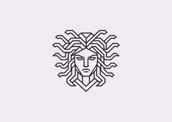 Fototapeta premium A geometric style line art Medusa logo, representing power, transformation, and the mystique of ancient legends