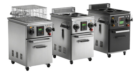Three Professional Kitchen Fryers on Isolated Transparent Background in Different Styles